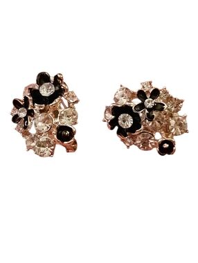 ✨💐🖤BOGO* Black Floral Cluster Rhinestone Crystal Push-back Post Earrings NWOT